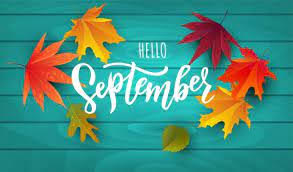 hello september on teal background with leaves